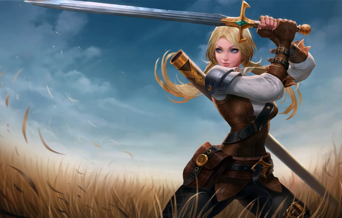 Photo wallpaper girl, sword, fantasy, field, weapon, Warrior, blue eyes, blonde