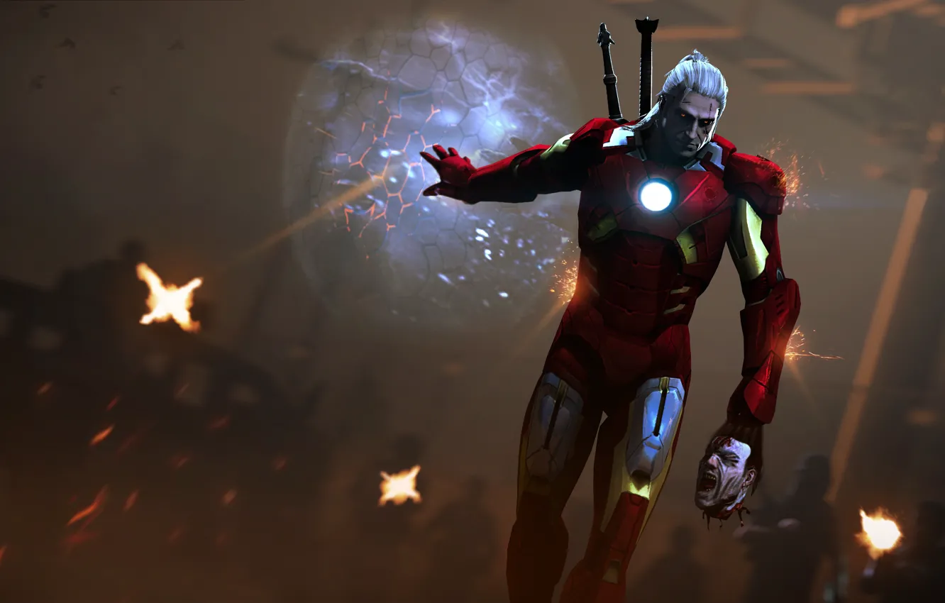 Photo wallpaper sword, costume, Iron Man, Geralt, fan art, suit, Witcher, Geralt