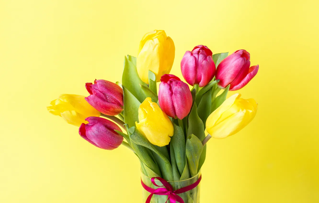 Photo wallpaper flowers, background, bouquet, tulips, pink, yellow