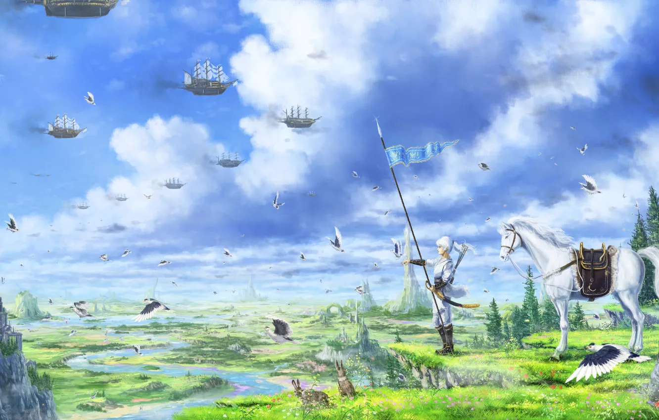 Photo wallpaper the sky, girl, clouds, landscape, mountains, horse, ship, anime