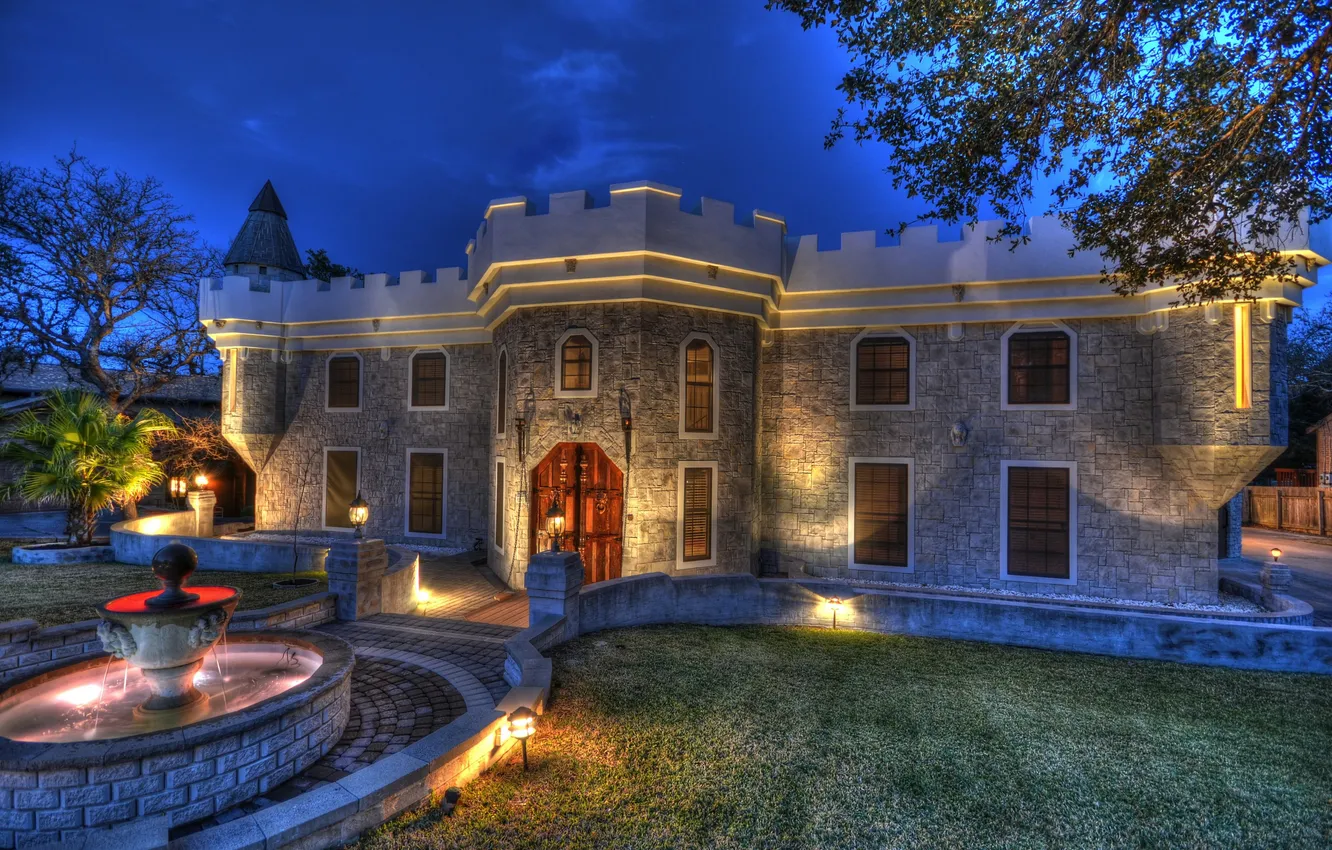 Photo wallpaper night, design, the city, photo, lawn, home, lights, fountain