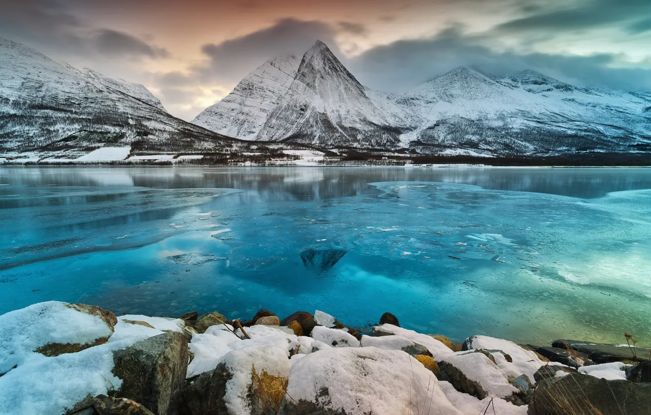 Photo wallpaper winter, snow, mountains, nature, river, dawn