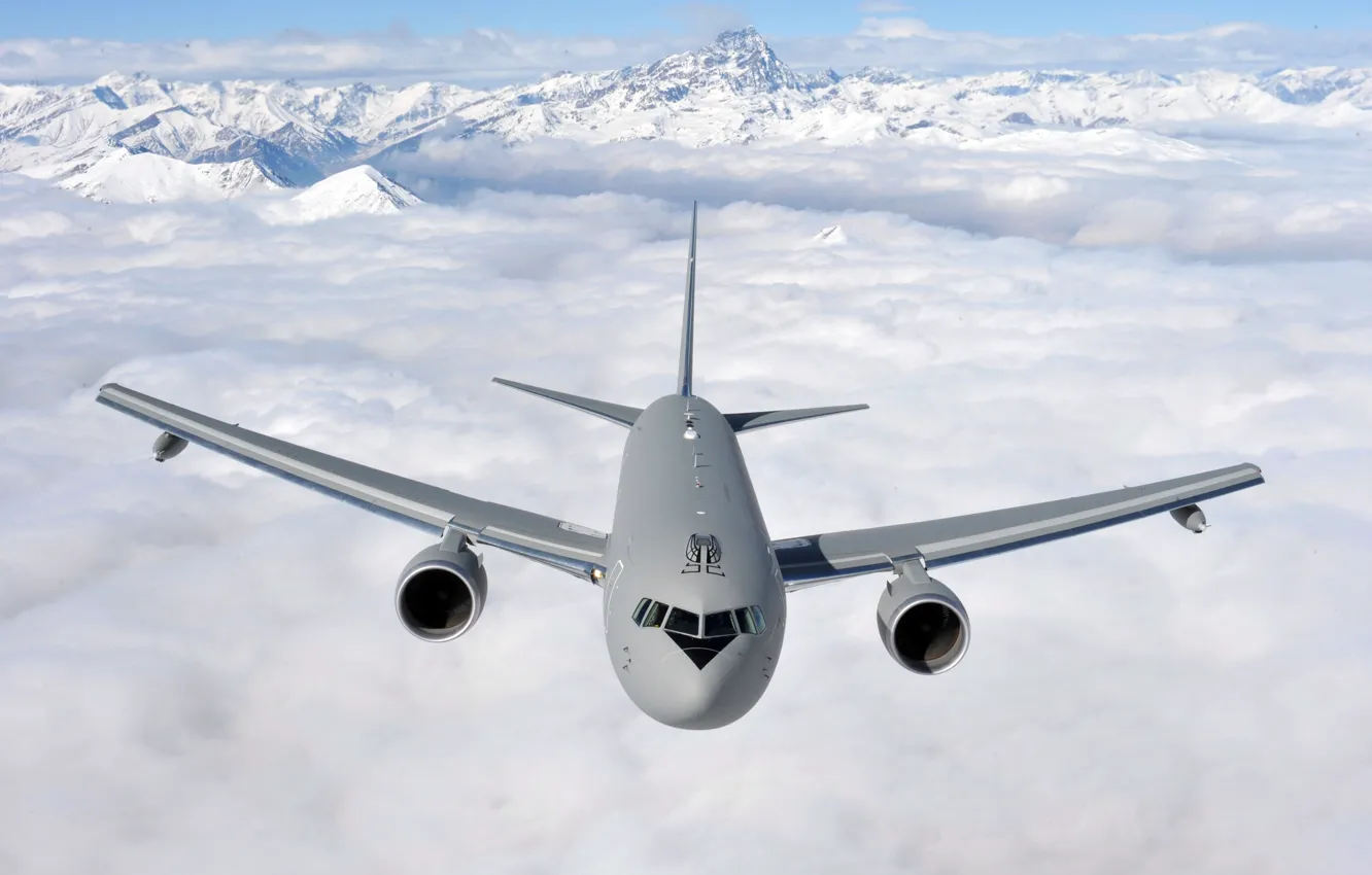 Photo wallpaper clouds, flight, mountains, Boeing, the plane, tanker, transport, KC-767A