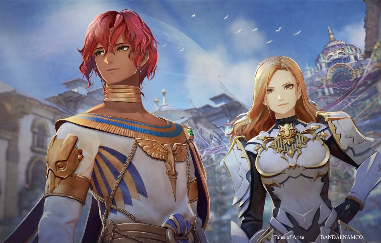 Photo wallpaper emblem, characters, red hair, the guy with the girl, armor plate, birds in the sky, …