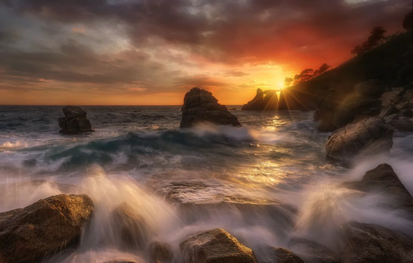 Photo wallpaper sea, sunset, rocks, coast, Bay, Spain, Spain, Catalonia