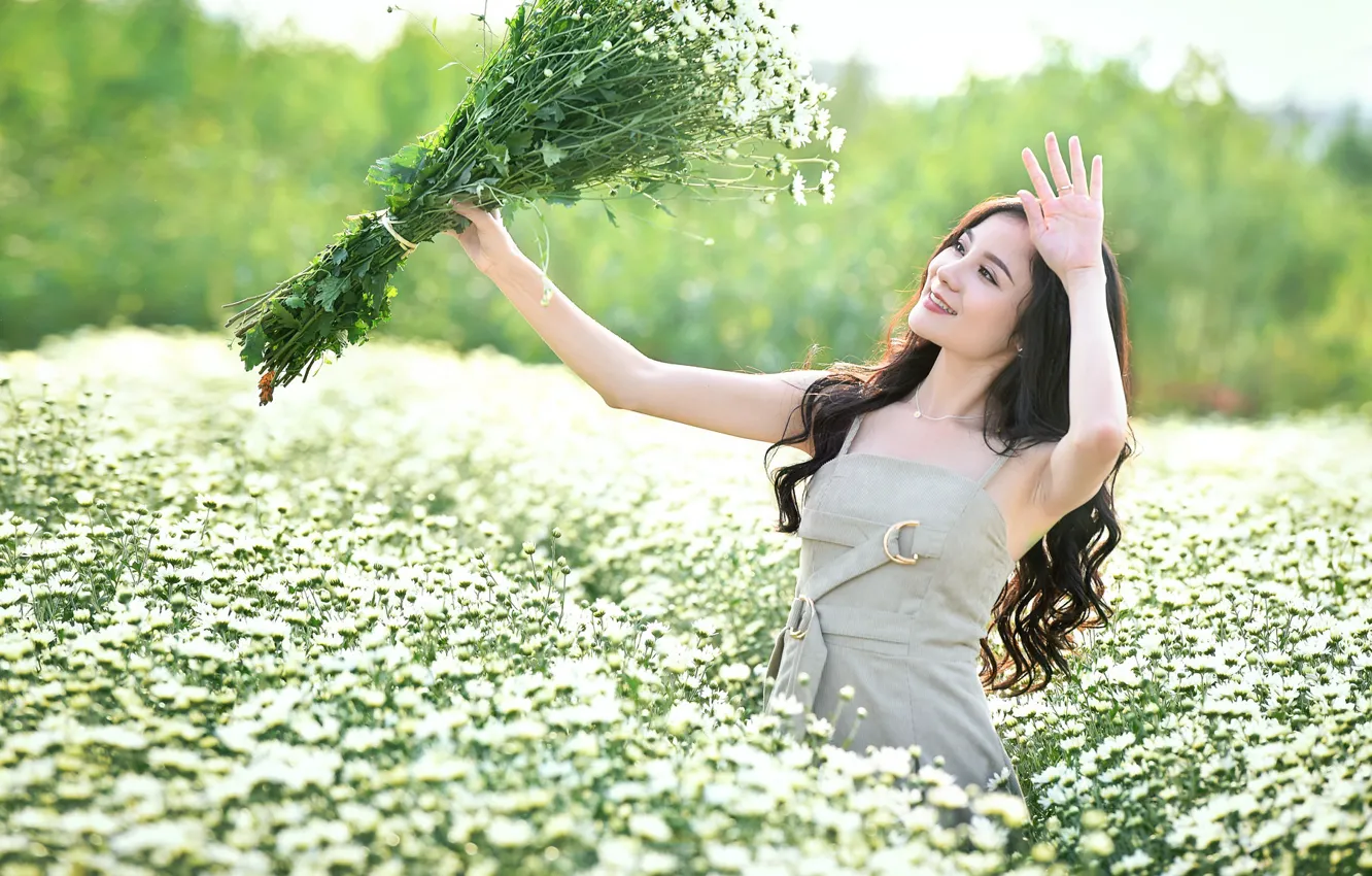 Photo wallpaper Asian, field, girl, smile, summer