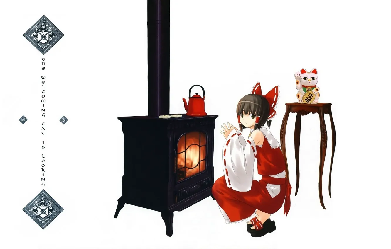 Photo wallpaper lights, kettle, white background, stove, sitting, touhou, art, Hakurei Reimu
