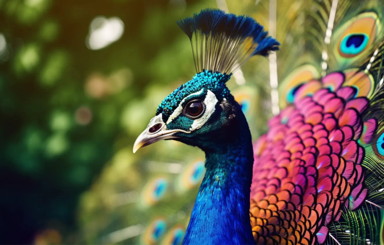 Photo wallpaper look, nature, bird, portrait, peacock, AI art, neural network