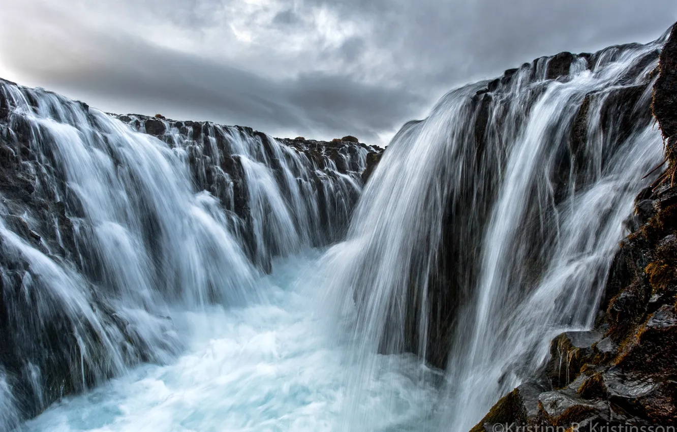 Photo wallpaper the sky, clouds, clouds, stones, rocks, waterfall, stream, canyon
