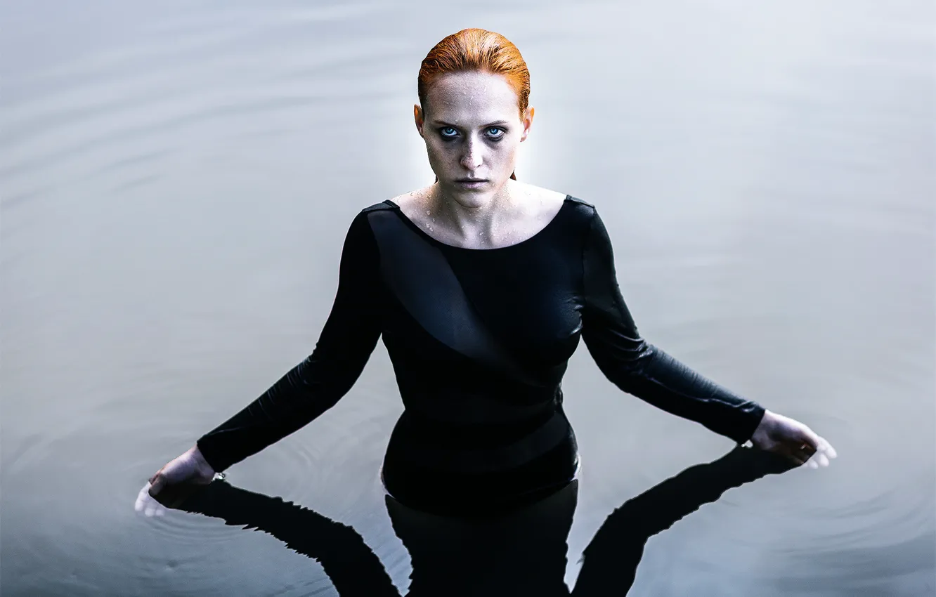 Photo wallpaper girl, drops, wet, redhead, in the water, Michael Farber