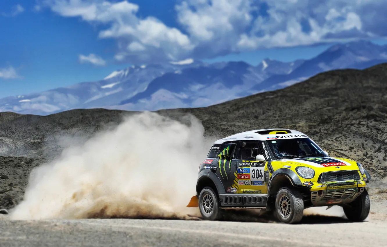 Photo wallpaper Auto, Mini, Mountains, Yellow, Dust, Sport, Machine, Mini Cooper