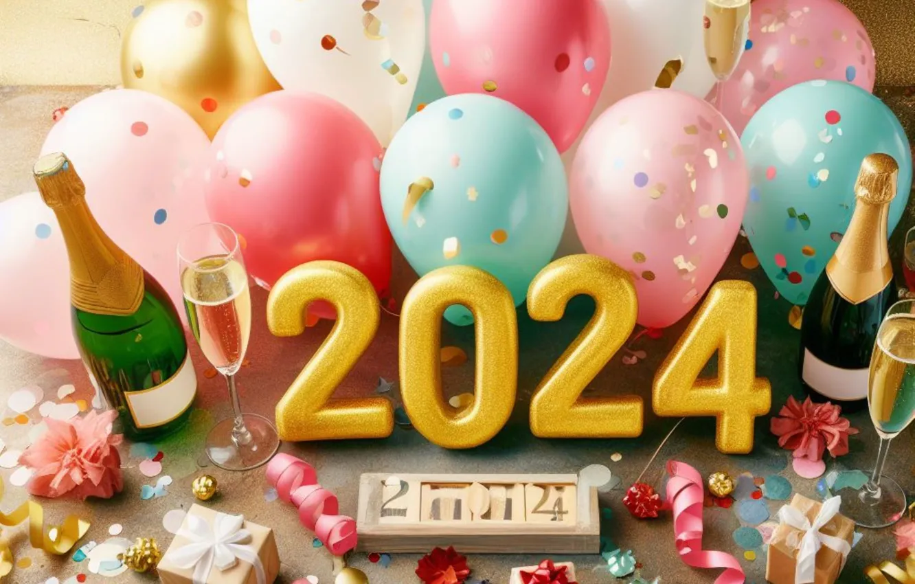 Photo wallpaper balls, table, holiday, gift, wine, blue, balls, cubes