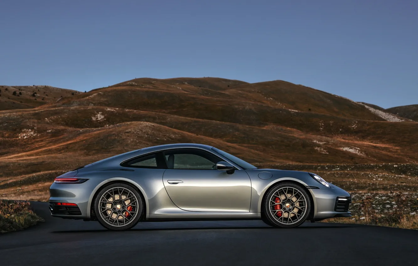Photo wallpaper hills, coupe, 911, Porsche, profile, Carrera 4S, 992, 2019