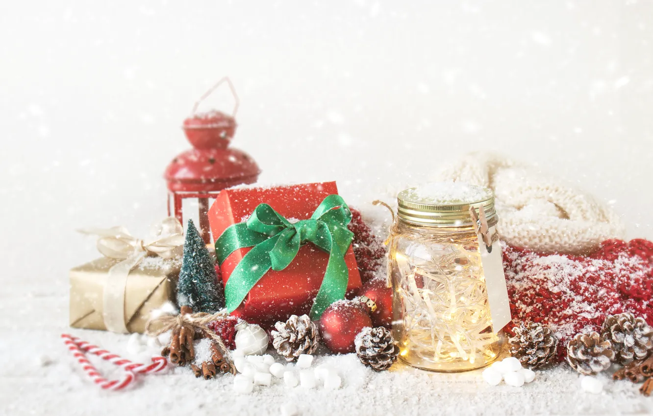 Photo wallpaper winter, snow, holiday, lamp, New Year, Christmas, candy, tape