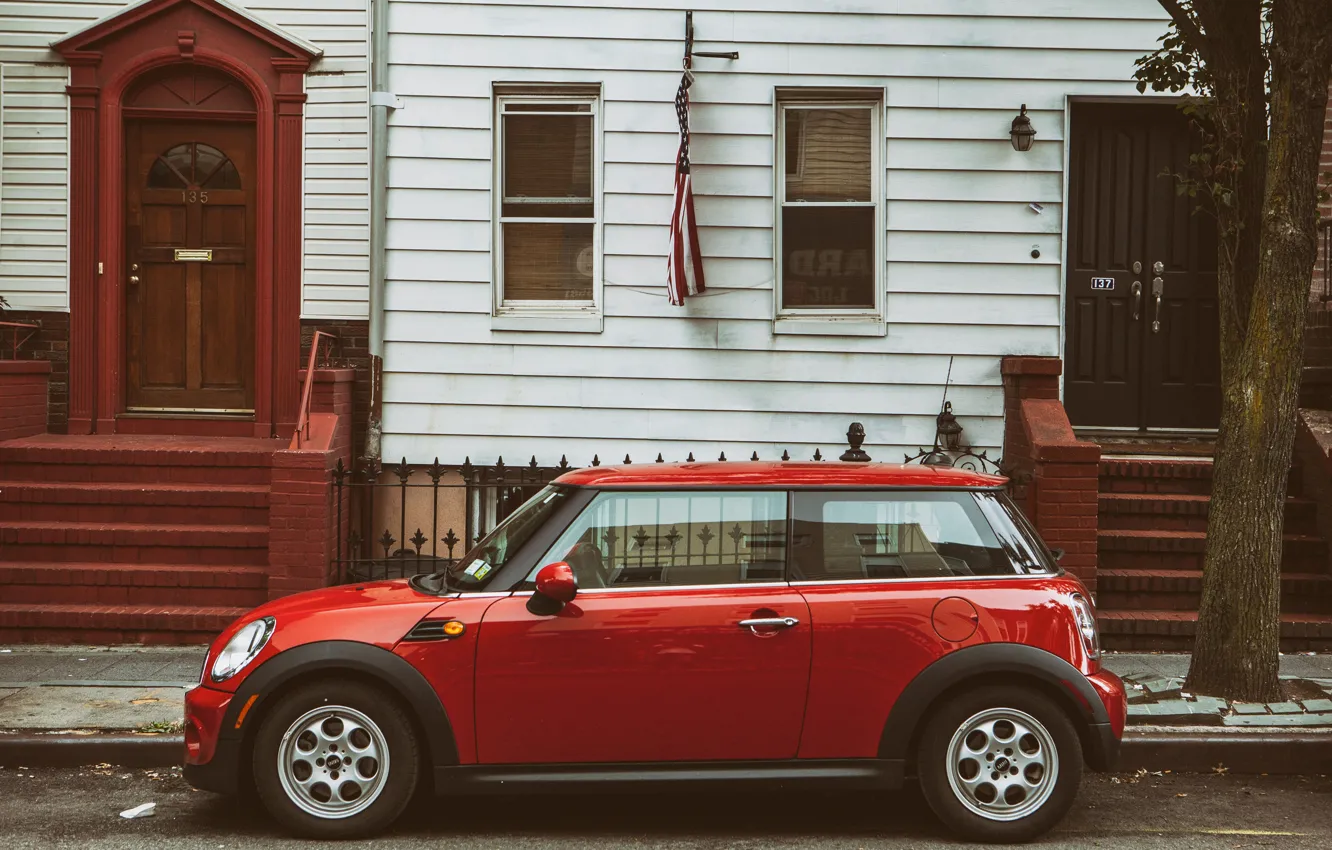 Photo wallpaper car, Mini, red, Brooklyn, New York City