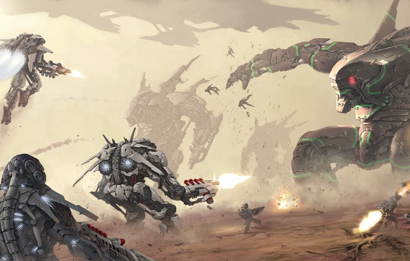 Photo wallpaper fiction, war, desert, robot, battle, art