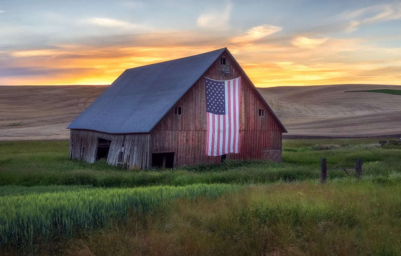 Photo wallpaper sunset, flag, the barn
