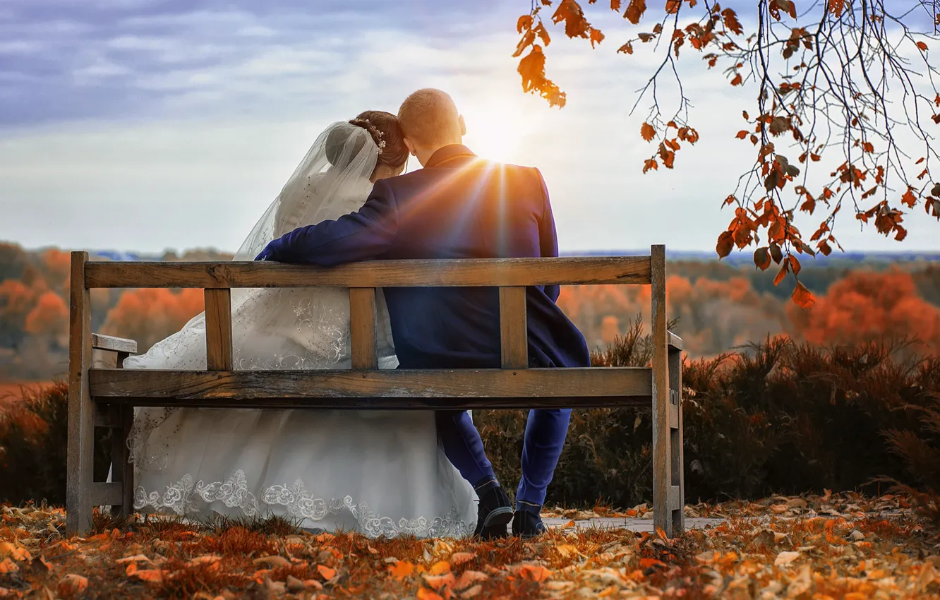 Photo wallpaper autumn, the sun, bench, foliage, dress, lovers, the bride, wedding