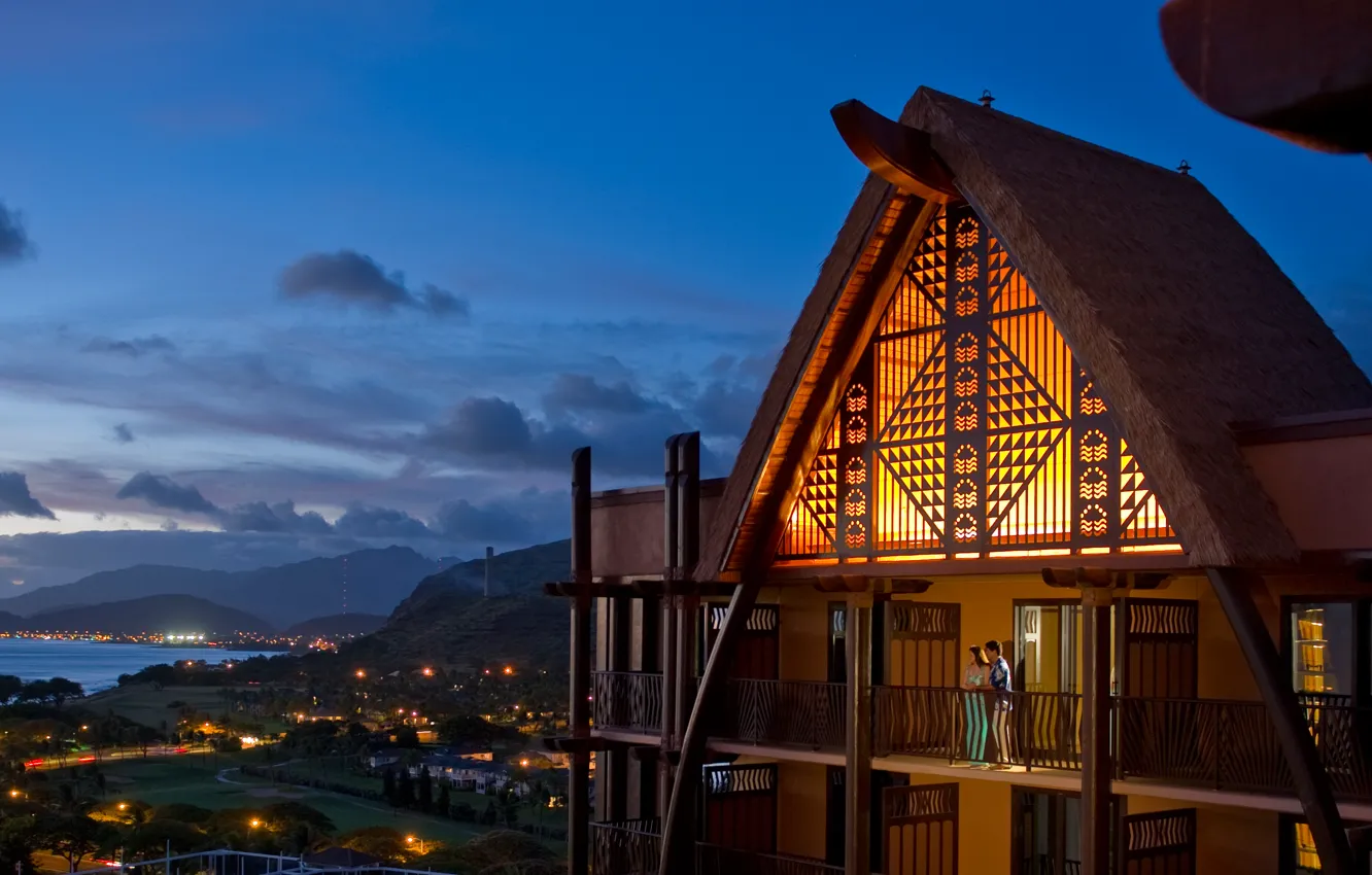 Photo wallpaper the city, lights, the ocean, the evening, Hawaii, Aulani Resort