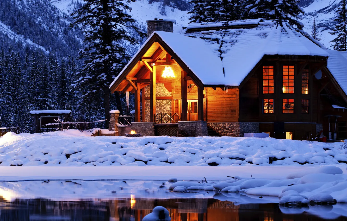 Photo wallpaper winter, forest, snow, lake, house, nature, winter, snow