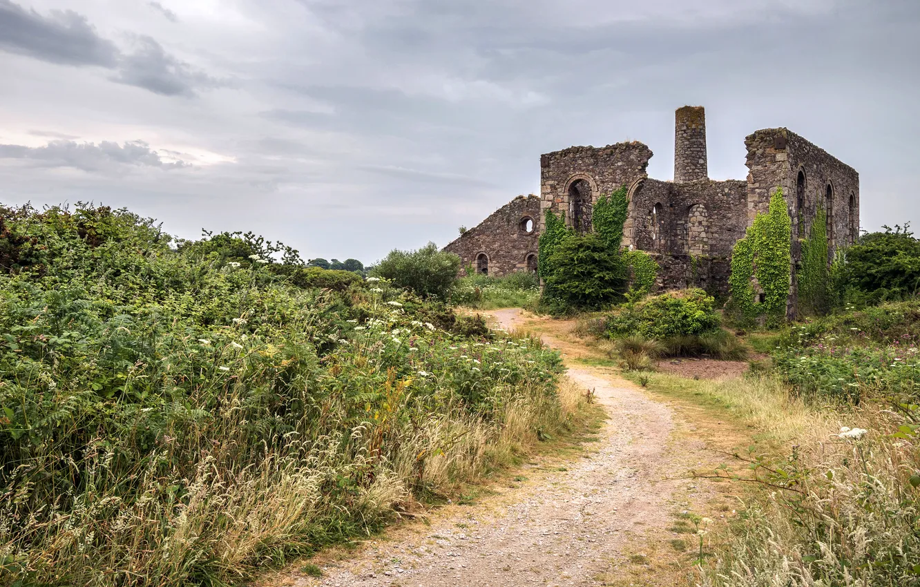 Photo wallpaper road, grass, clouds, castle, ruins