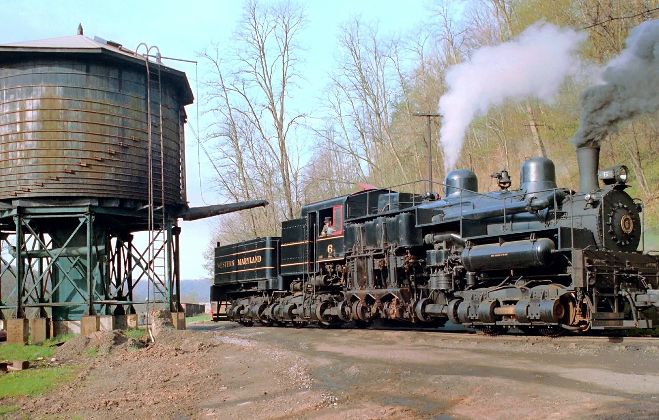 Photo wallpaper smoke, the engine, couples, VA, railroad, Shay No. 6, filling with water, Western Maryland