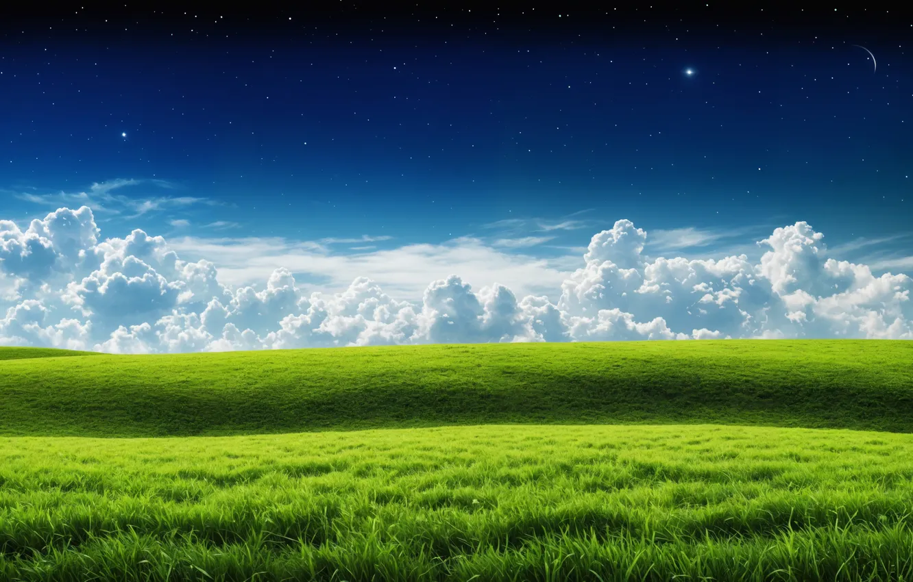 Photo wallpaper green, grass, field, landscape, blue, clouds, stars, sunlight
