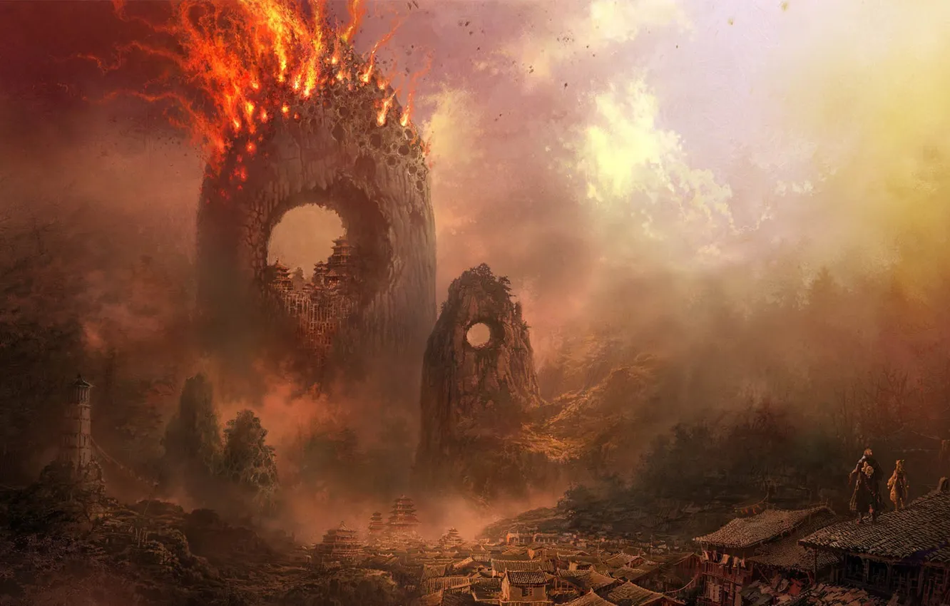 Photo wallpaper the city, lights, fire, rocks, people, home, hole, blade &amp; soul