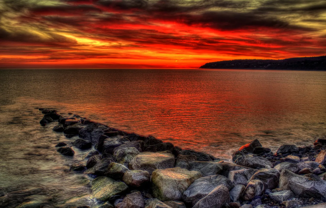 Photo wallpaper sea, the sky, clouds, stones, shore, HDR, glow