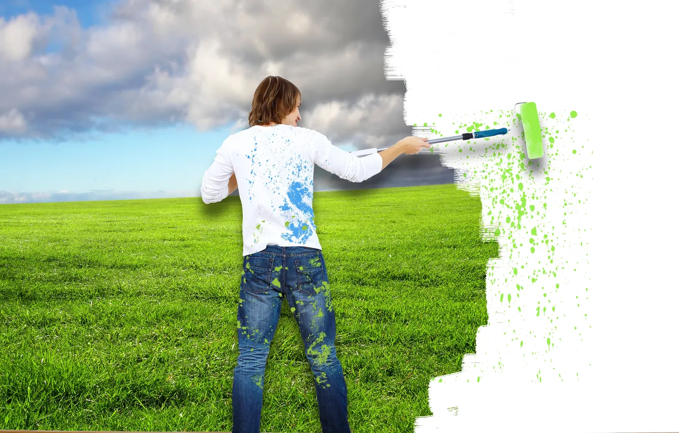 Photo wallpaper field, the sky, grass, clouds, squirt, creative, paint, male