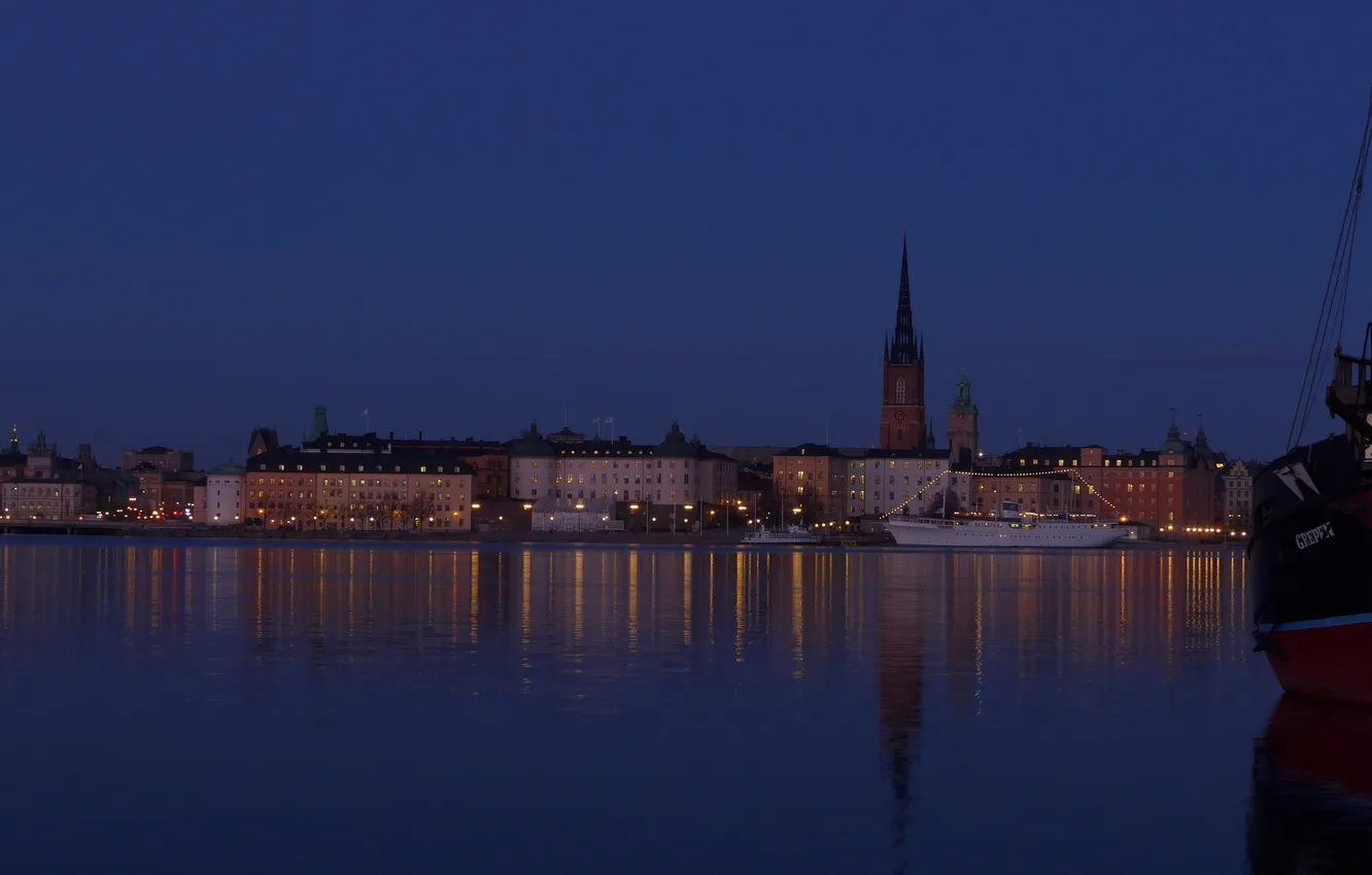 Photo wallpaper sea, the sky, night, lights, ship, home, Scandinavia