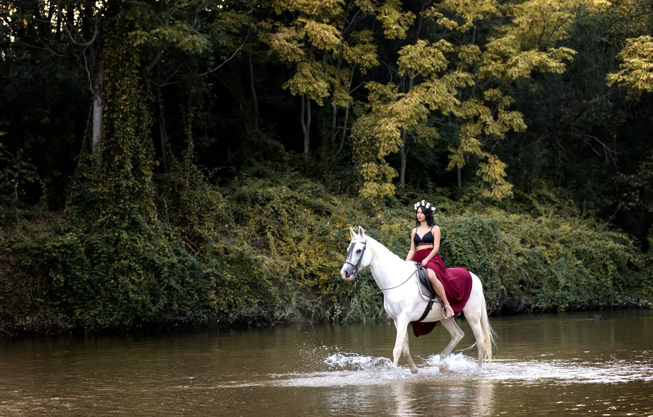 Photo wallpaper girl, river, horse, Beidy Franco