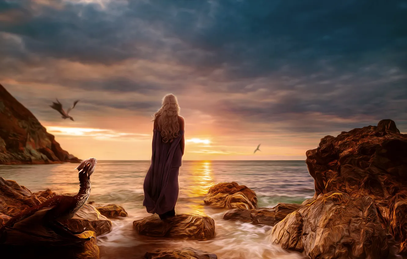 Photo wallpaper girl, flight, sunset, stones, dragons, game of thrones, game of thrones, Daenerys Targaryen