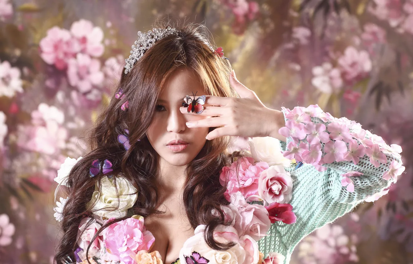 Photo wallpaper girl, flowers, face, style, background, butterfly, hair, Asian