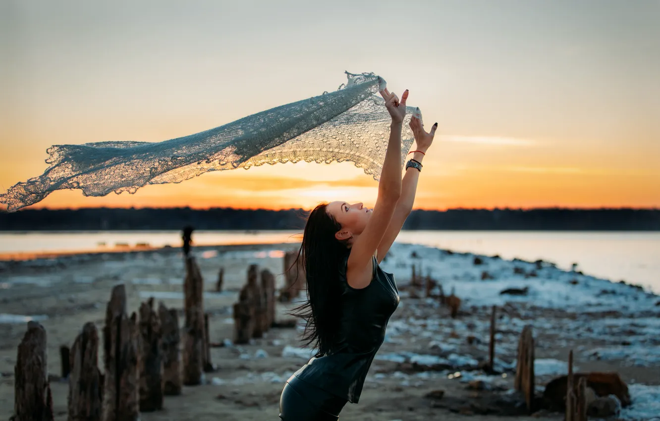 Photo wallpaper girl, shore, clothing, brunette, light, fashion, sky, sea