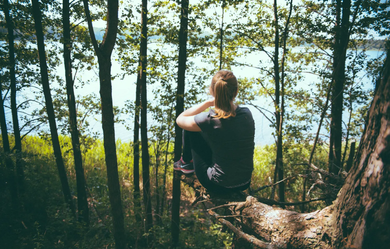Photo wallpaper forest, girl, trees, landscape, nature, roots, river, open