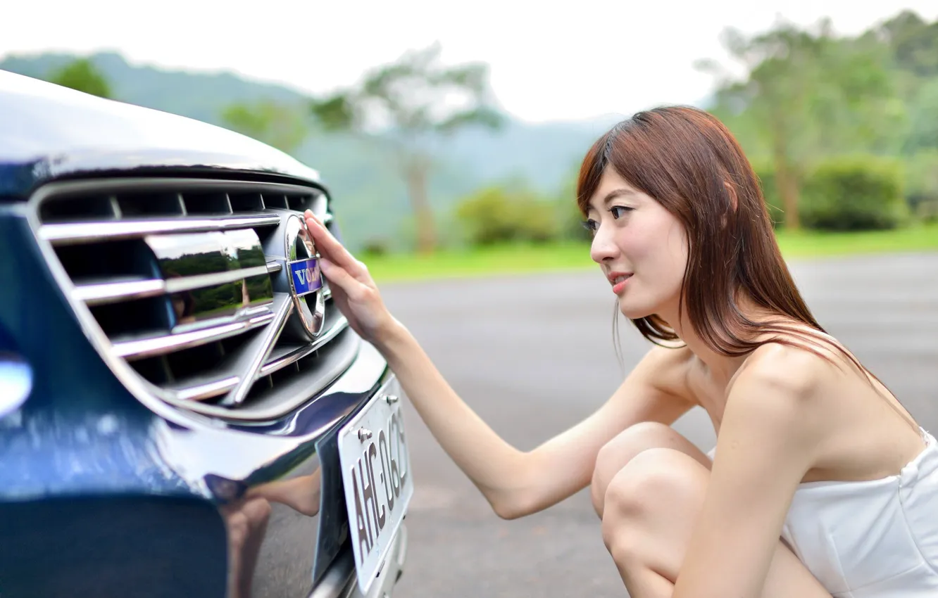 Photo wallpaper auto, Girls, Volvo, Asian, beautiful girl, posing on the car