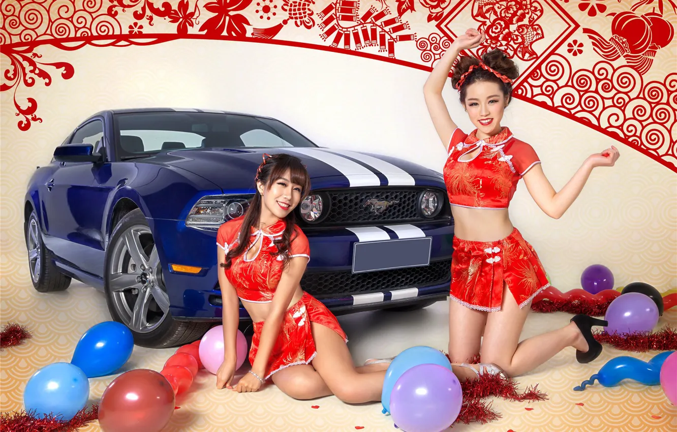 Photo wallpaper auto, look, balls, Ford, Girls, smile, Asian girls, beautiful girls