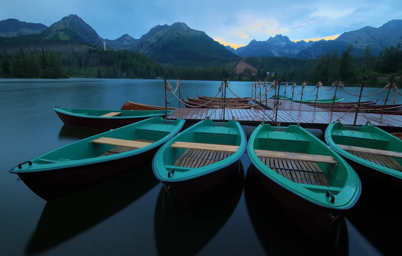 Photo wallpaper forest, mountains, lake, calm, boats, morning, pier, Slovakia