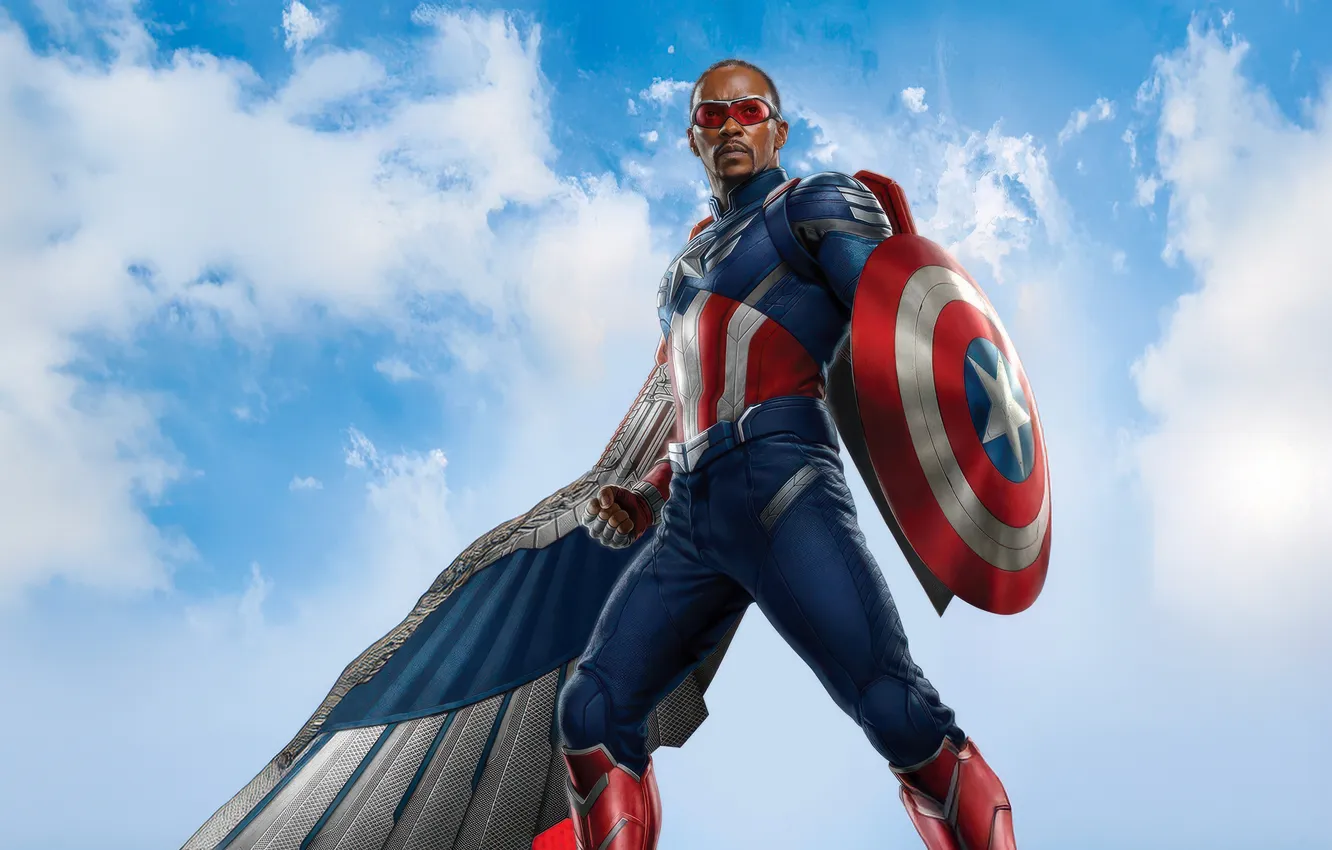 Photo wallpaper the sky, costume, shield, poster, Marvel, comic, Anthony Mackie, Anthony Mackie