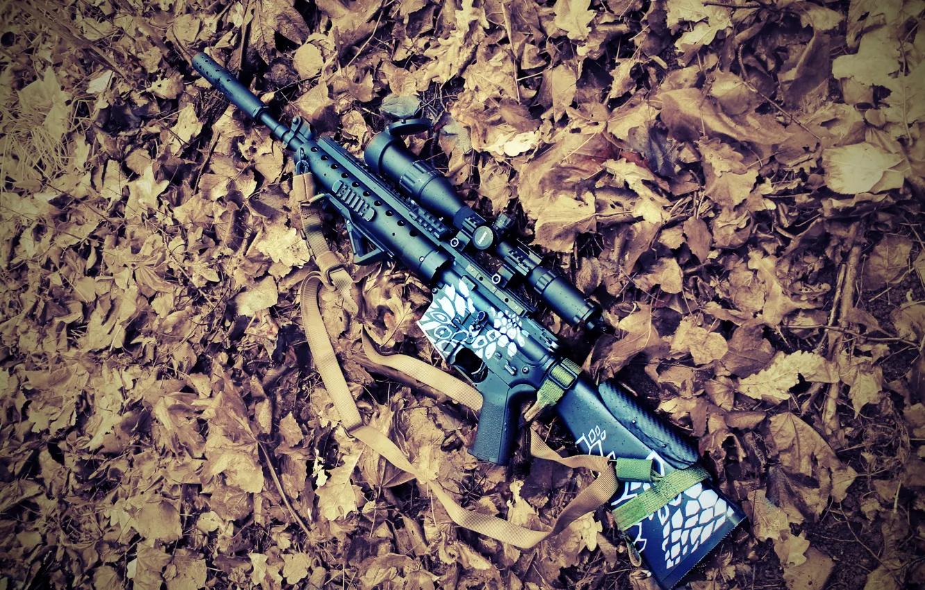 Photo wallpaper autumn, leaves, sniper, rifle, rifle, airsoft, Airsoft, m16spr