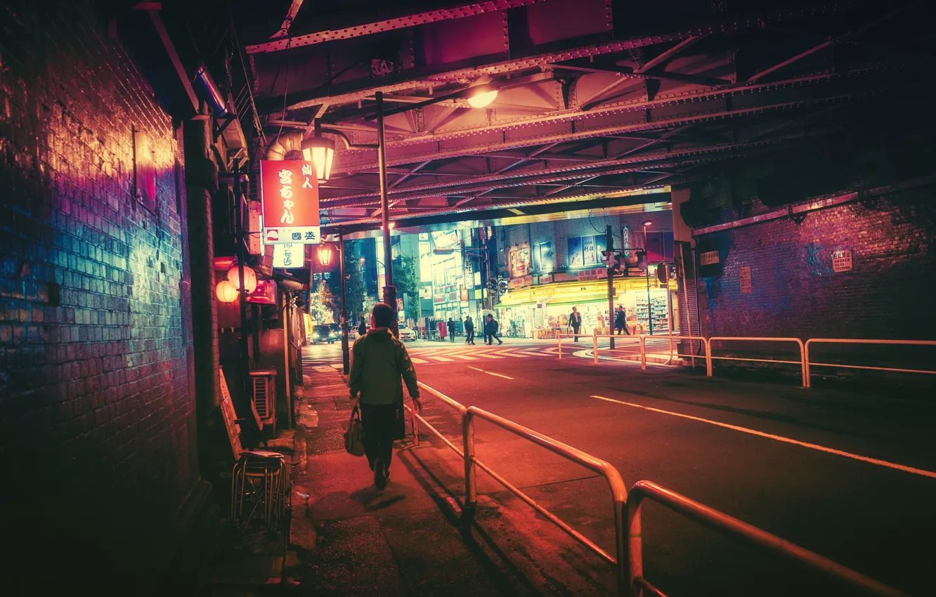 Photo wallpaper Road, Night, The city, People, Light, Tokyo, Lights, Tokyo