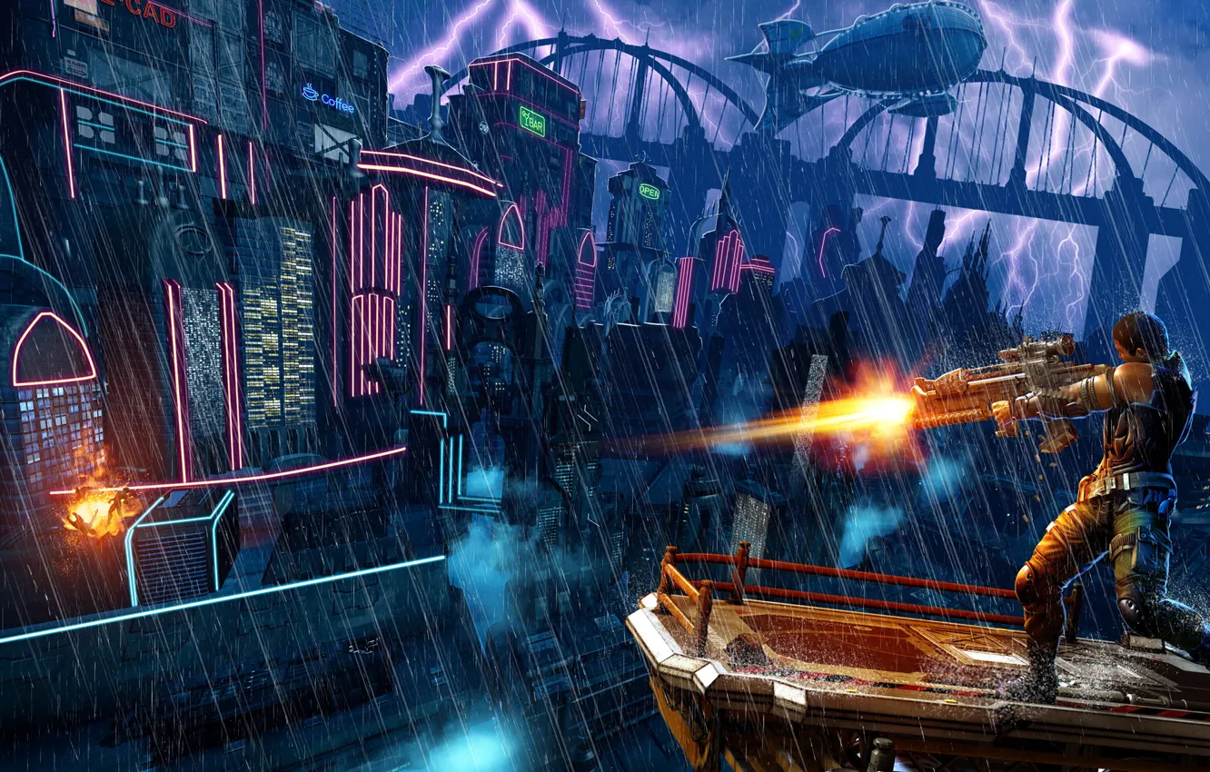Photo wallpaper the storm, rain, shooting, megapolis