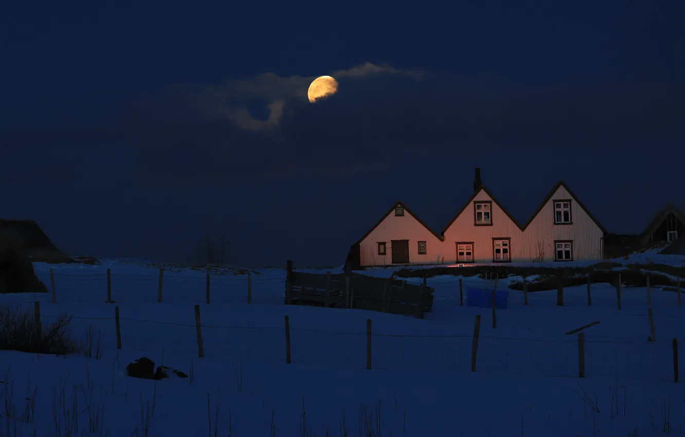 Photo wallpaper winter, light, snow, night, the moon, the fence, houses