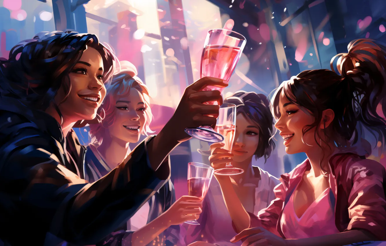 Photo wallpaper girl, joy, smile, table, glass, new year, four, Christmas