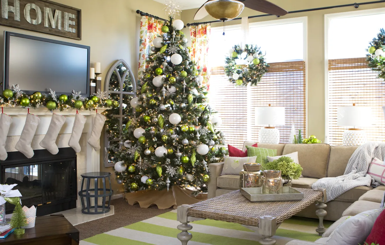 Photo wallpaper decoration, tree, new year, Christmas, fireplace