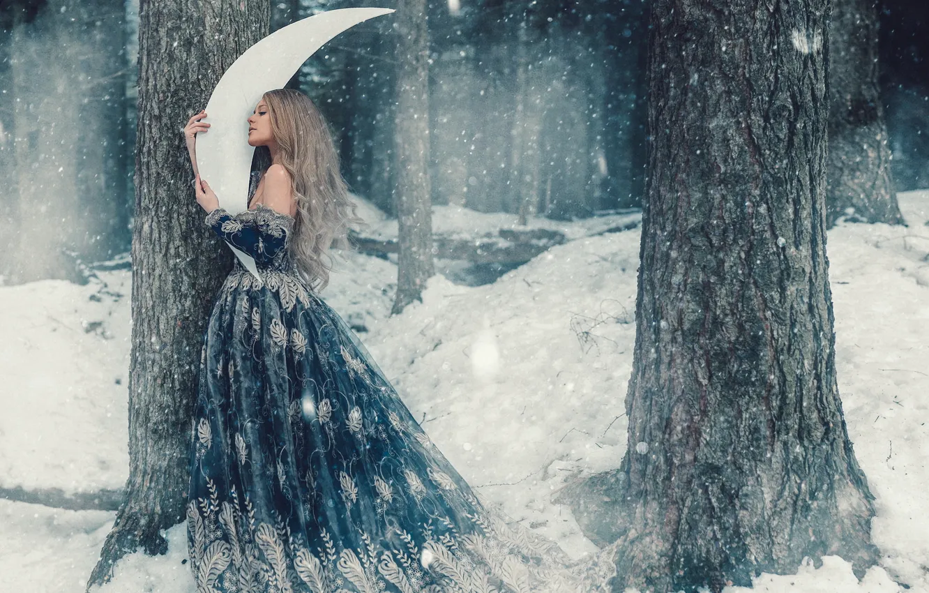 Photo wallpaper winter, forest, girl, snow, trees, hair, cute, a month