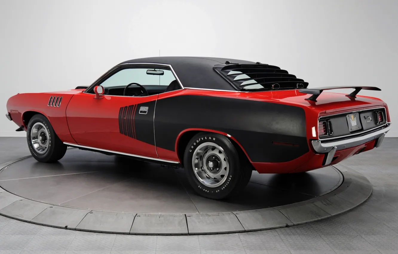Photo wallpaper red, background, coupe, 1971, rear view, Plymouth, Muscle car, Cuda