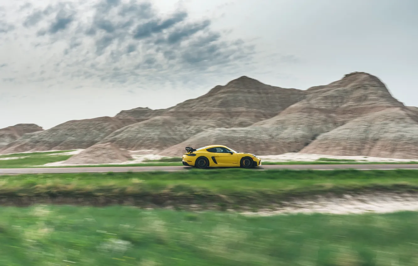 Photo wallpaper Porsche, Cayman, yellow, mountains, Sports car, Weissach Package, 718, Porsche 718 Cayman GT4 RS