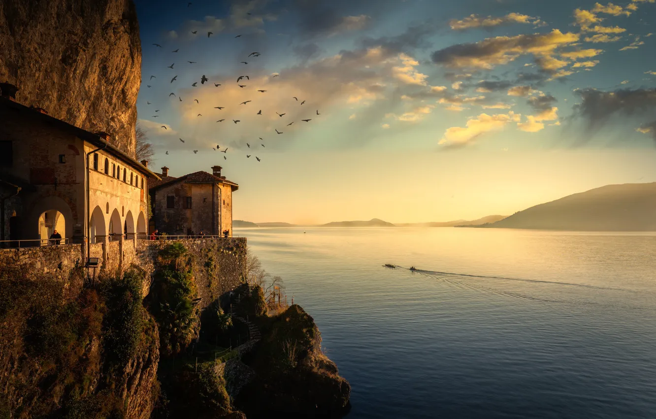 Photo wallpaper rocks, bird, ship, home, rocks, birds, houses, ship